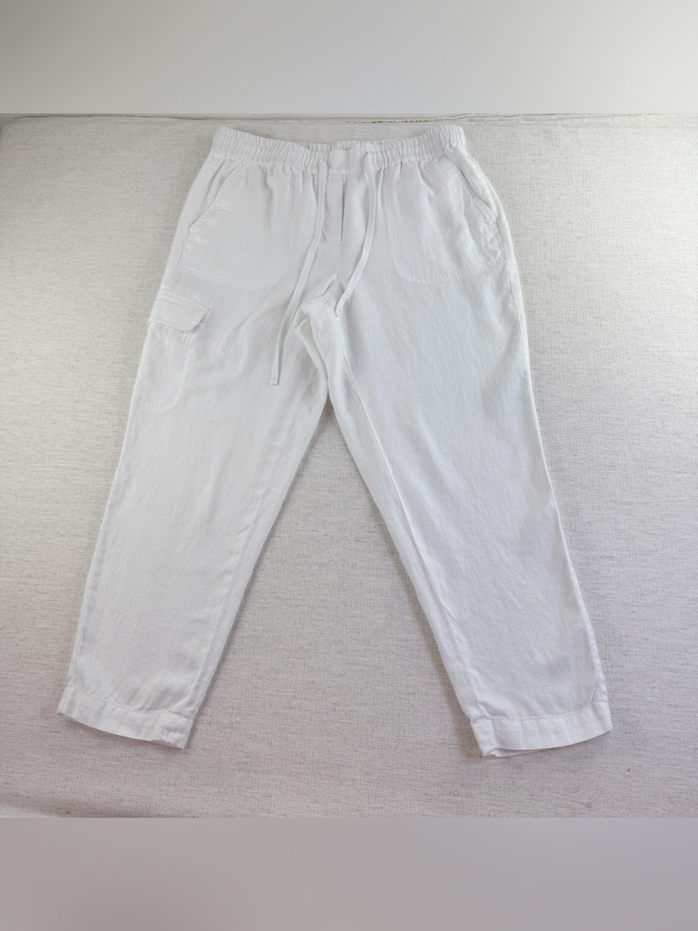 Talbots women's high waist 100% linen pants cargo pockets elastic waist in white